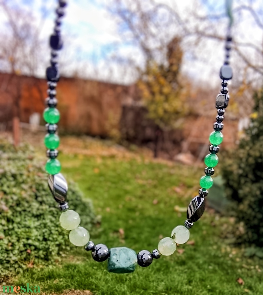  Hematit, zöld achát ásvány nyaklánc, nyakék  - ékszer - nyaklánc - gyöngyös nyaklánc - Meska.hu