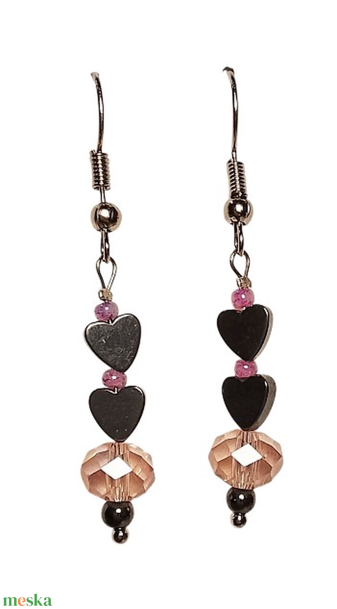 Fülbevaló  hematit és üveggyöngy  - ékszer - fülbevaló - lógó fülbevaló - Meska.hu