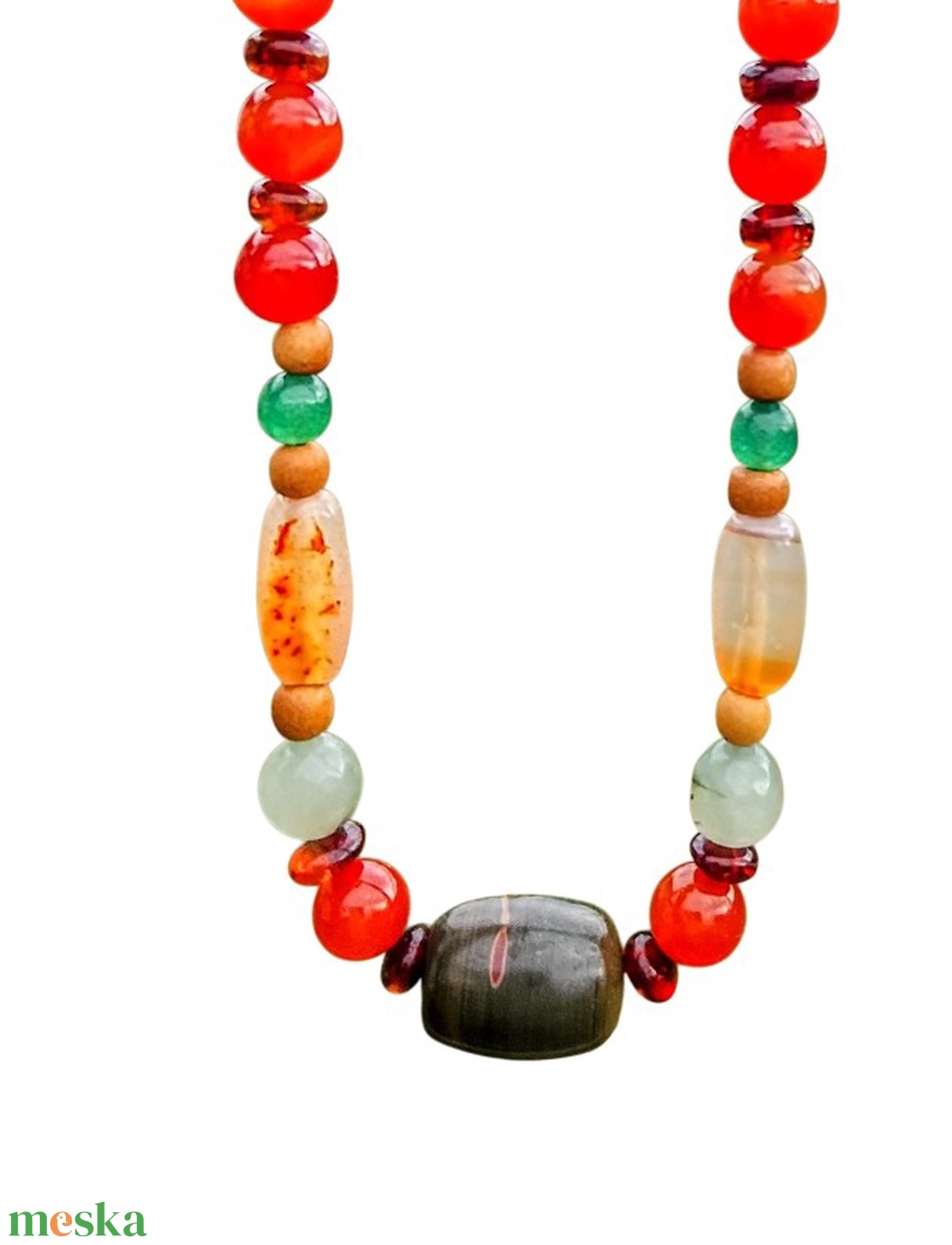 Karneol, achát, borostyán és fagyöngy nyaklánc - ékszer - nyaklánc - gyöngyös nyaklánc - Meska.hu
