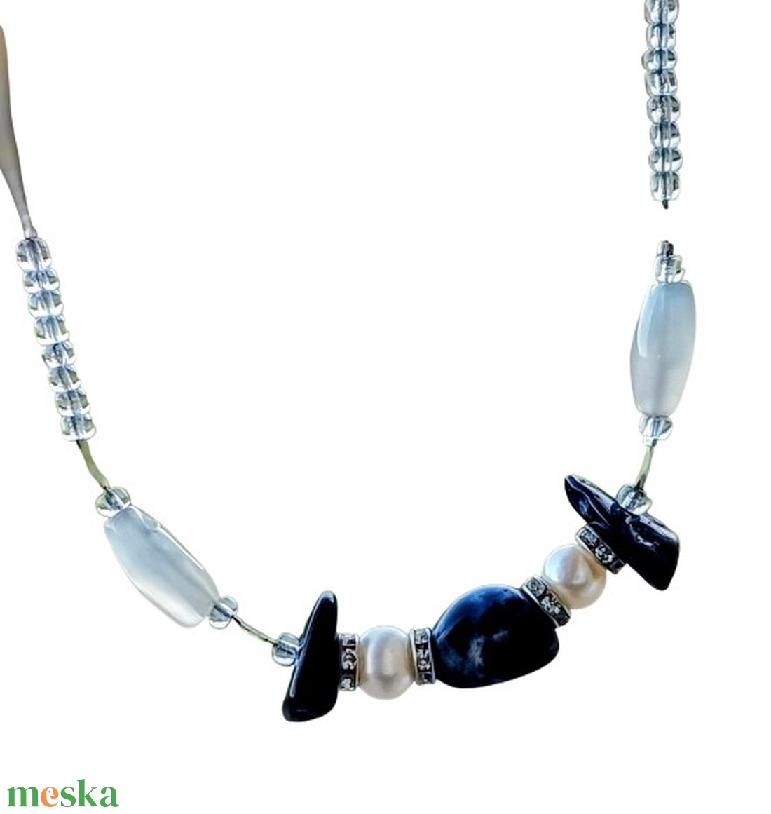 Kék achát és igazgyöngy nyaklánc, nyakék  - ékszer - nyaklánc - gyöngyös nyaklánc - Meska.hu