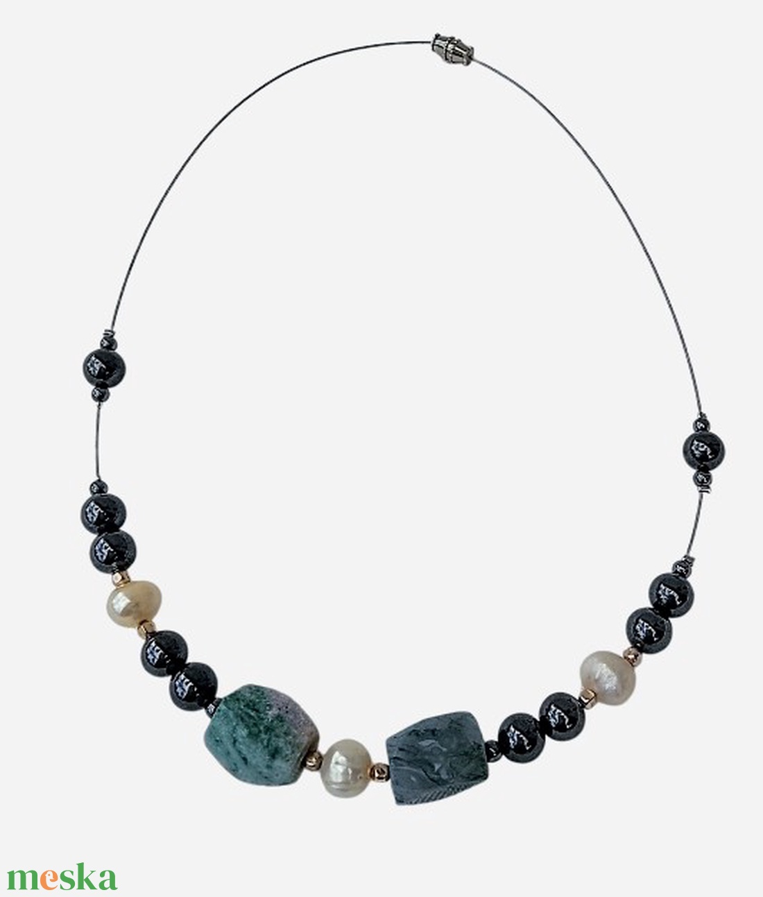 Ásvány nyaklánc, nyakék zöld achát kővel  - ékszer - nyaklánc - gyöngyös nyaklánc - Meska.hu