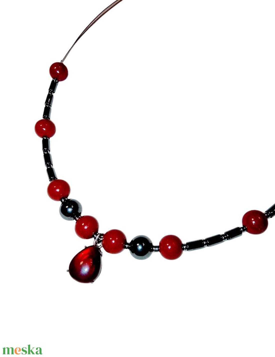 Ásvány nyaklánc, nyakék borostyánnal és hematittal - ékszer - nyaklánc - gyöngyös nyaklánc - Meska.hu