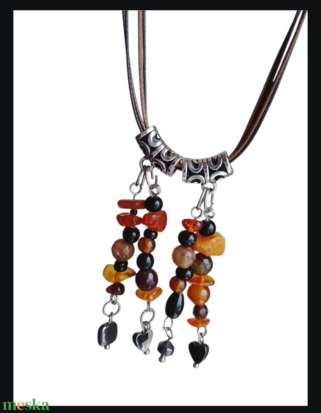 Borostyán, hematit, üveg és achát gyöngyökből készült nyaklánc  - ékszer - fülbevaló - lógó fülbevaló - Meska.hu