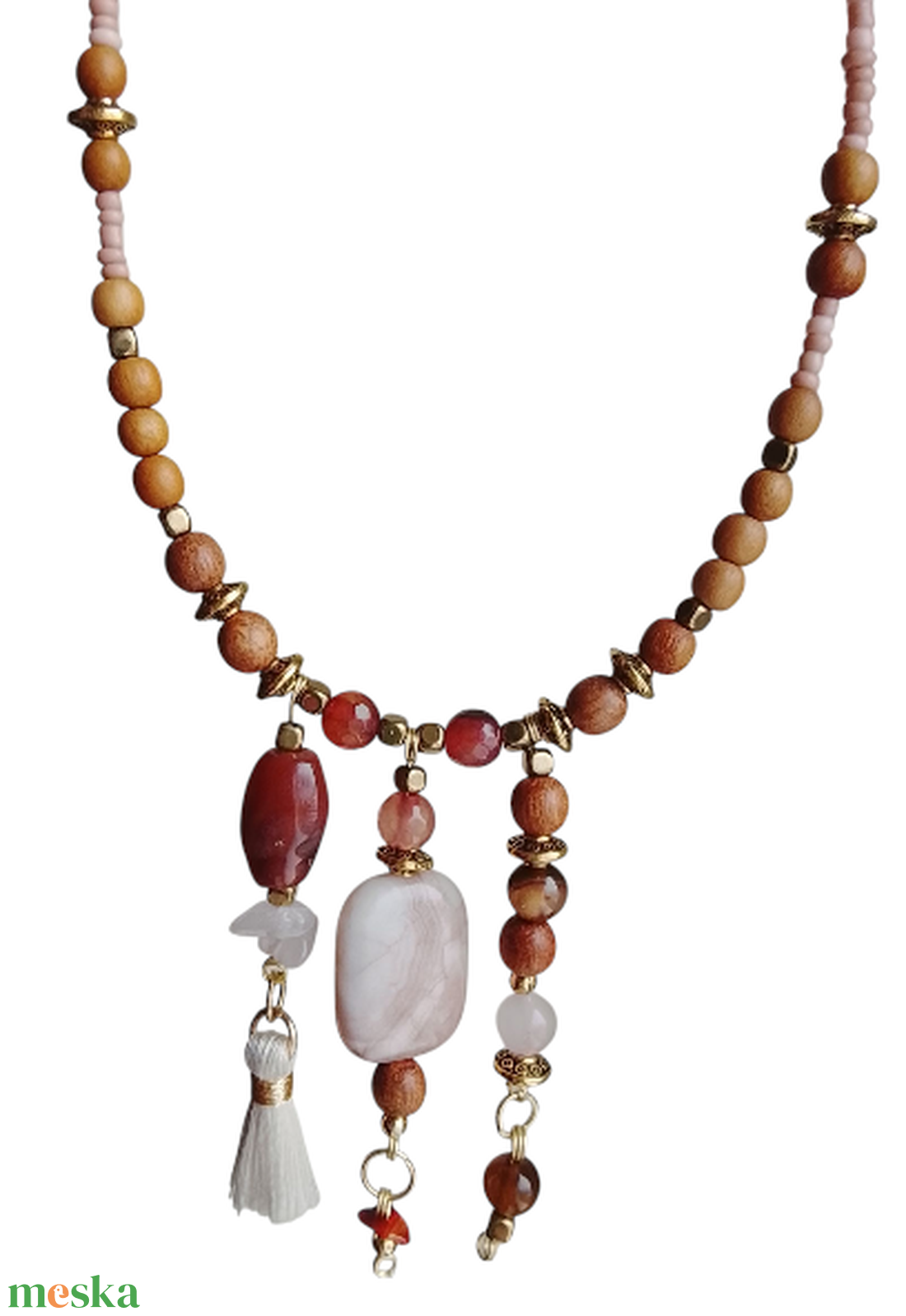 Fagyöngy, achát, jáspis, kvarc és üveggyöngyös nyaklánc  - ékszer - nyaklánc - gyöngyös nyaklánc - Meska.hu