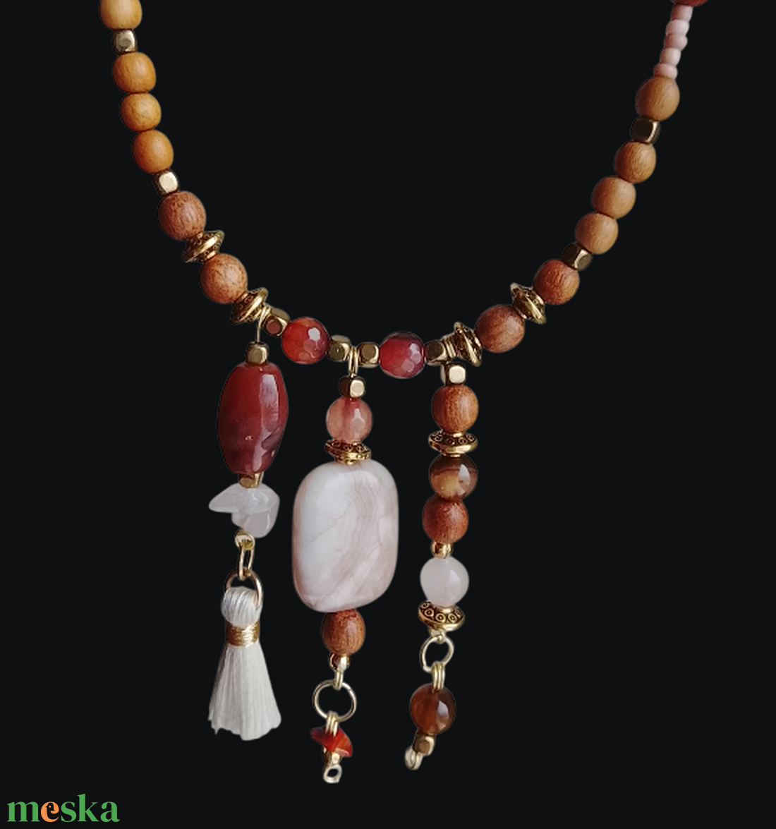 Fagyöngy, achát, jáspis, kvarc és üveggyöngyös nyaklánc  - ékszer - nyaklánc - gyöngyös nyaklánc - Meska.hu