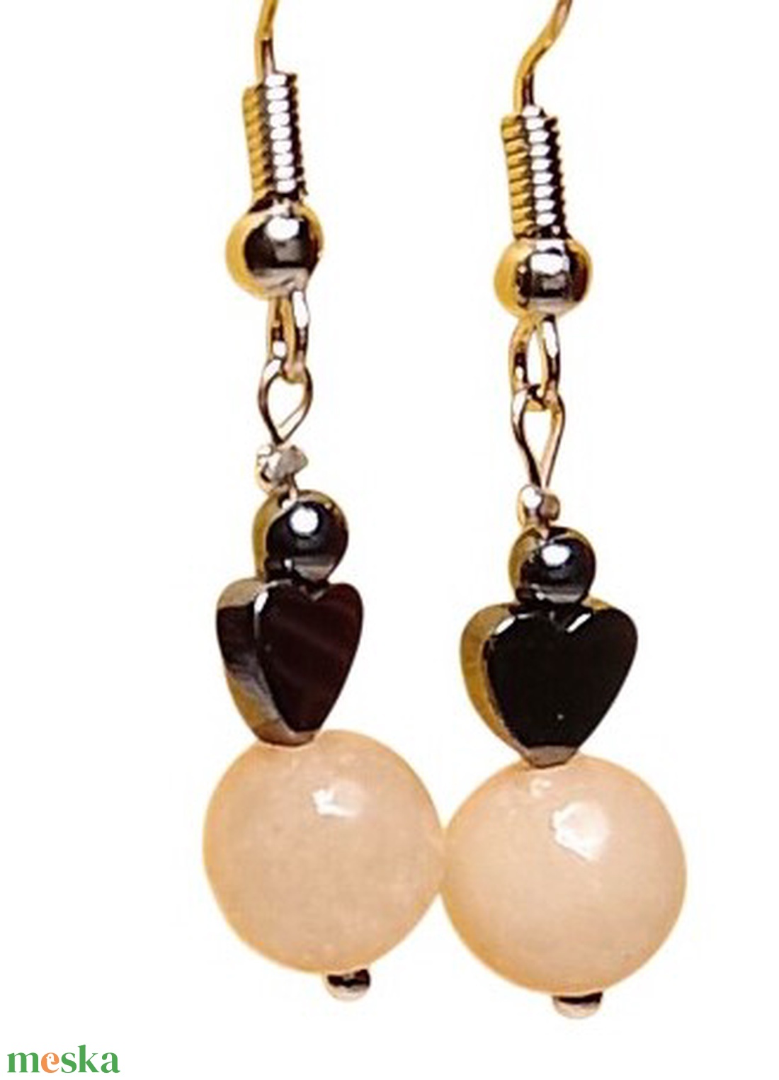 Fülbevaló rózsaszín ásvány és hematit gyöngyökkel  - ékszer - fülbevaló - lógó fülbevaló - Meska.hu