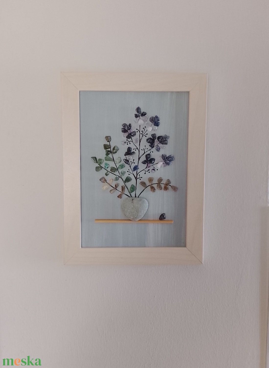 Kék virágos kavicskép féldrágakövekből  - otthon & életmód - dekoráció - kép & falikép - kavics kép - Meska.hu