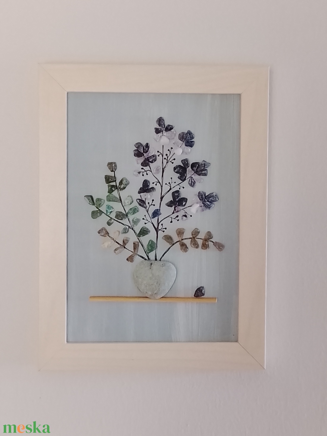 Kék virágos kavicskép féldrágakövekből  - otthon & életmód - dekoráció - kép & falikép - kavics kép - Meska.hu