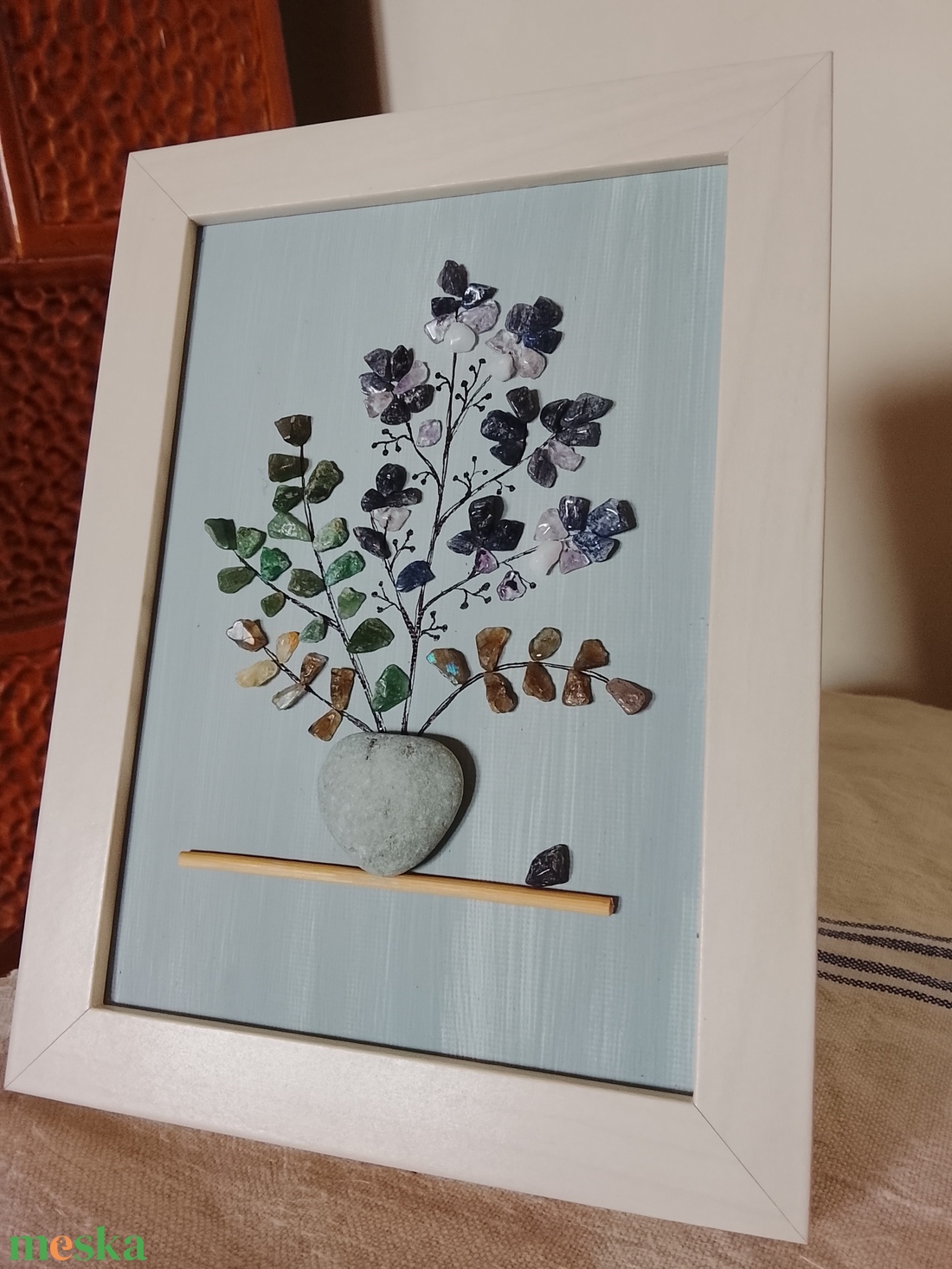 Kék virágos kavicskép féldrágakövekből  - otthon & életmód - dekoráció - kép & falikép - kavics kép - Meska.hu