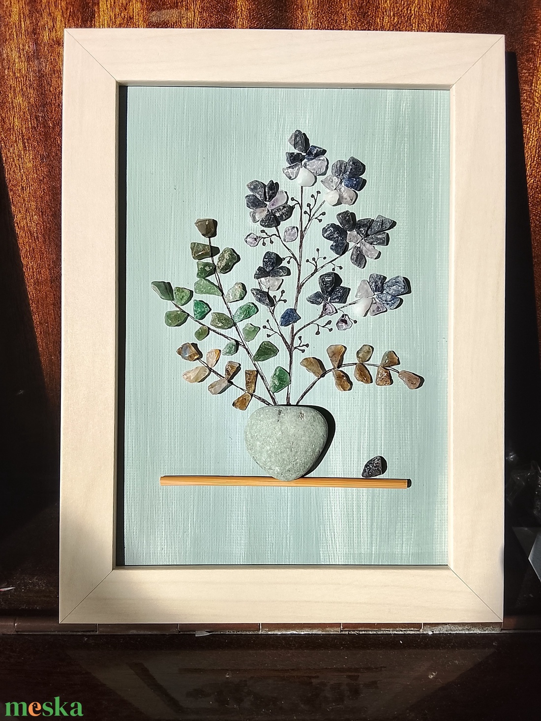 Kék virágos kavicskép féldrágakövekből  - otthon & életmód - dekoráció - kép & falikép - kavics kép - Meska.hu