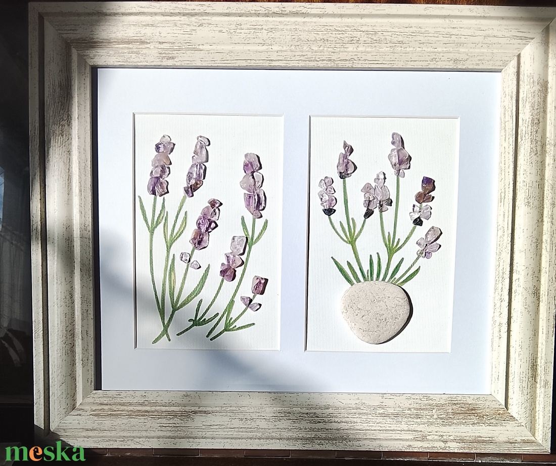 Levendula virágos falikép ametiszt féldrágakövekből  - otthon & életmód - dekoráció - kép & falikép - kavics kép - Meska.hu