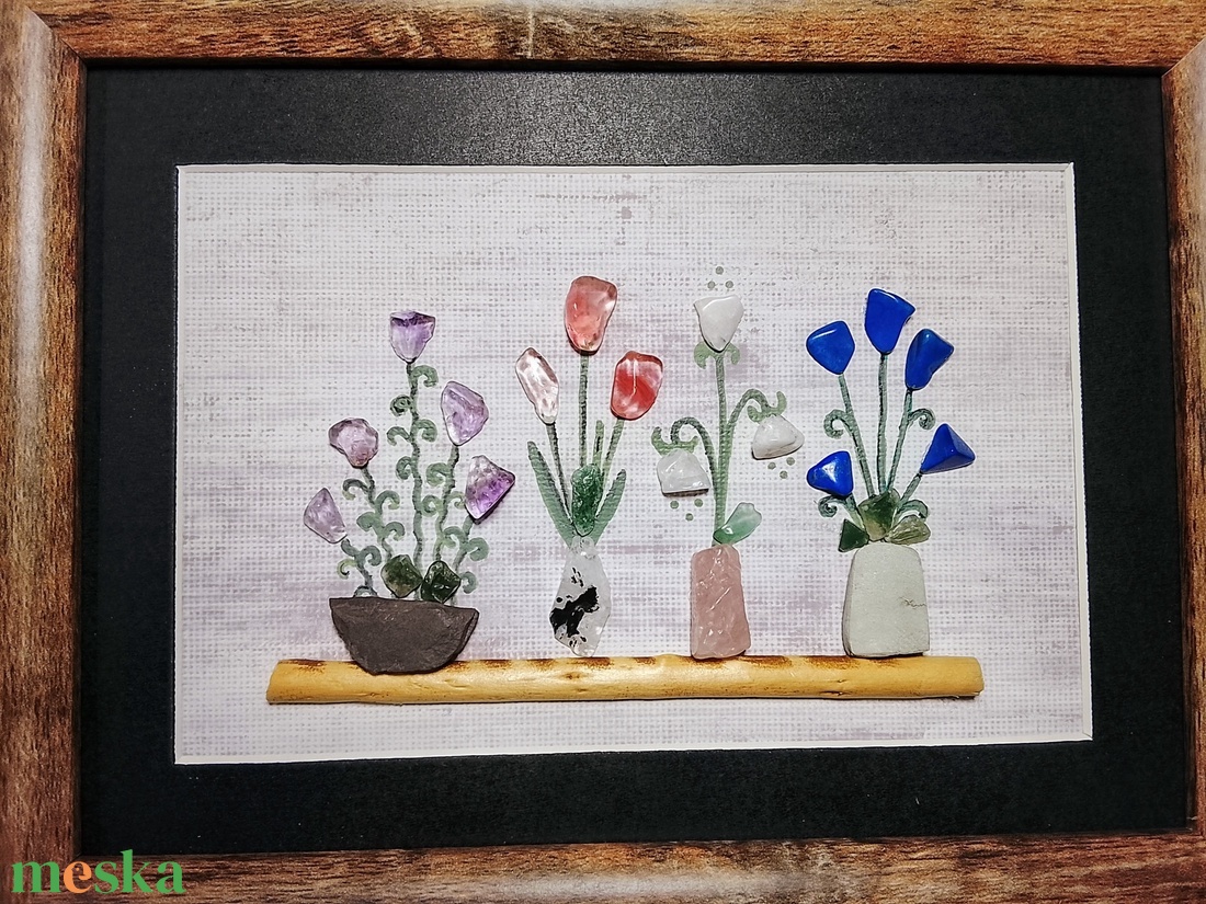 Virágospolc falikép féldrágakövekből  - otthon & életmód - dekoráció - kép & falikép - kavics kép - Meska.hu