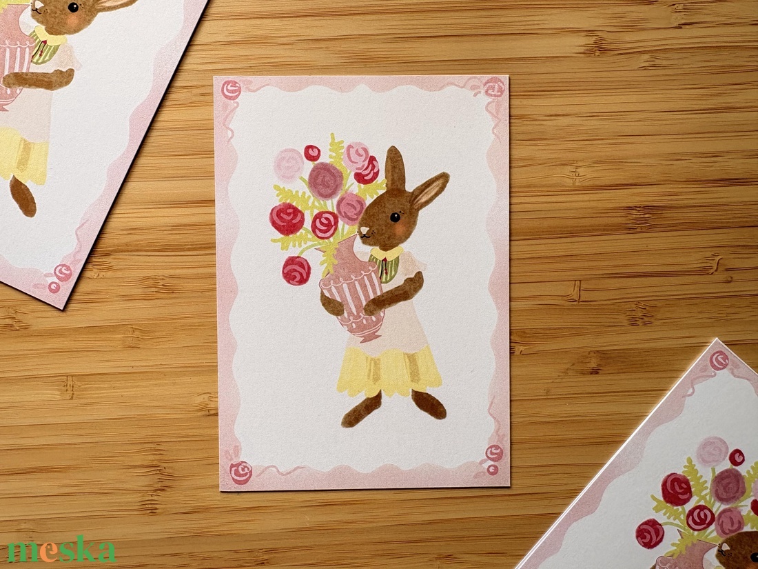 Nyuszi tulipánnal - képeslap, print - otthon & életmód - papír, írószer - ajándékozás kellékei - képeslap, üdvözlőlap - Meska.hu