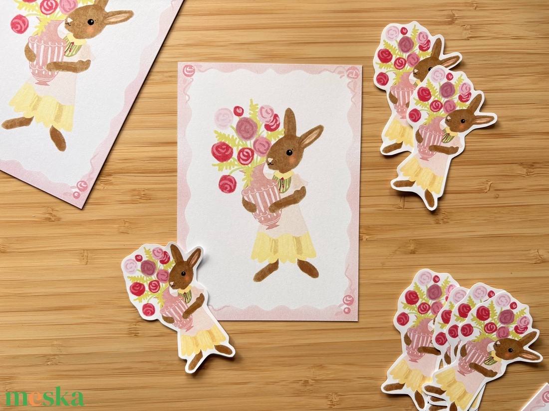 Nyuszi tulipánnal - képeslap, print - otthon & életmód - papír, írószer - ajándékozás kellékei - képeslap, üdvözlőlap - Meska.hu