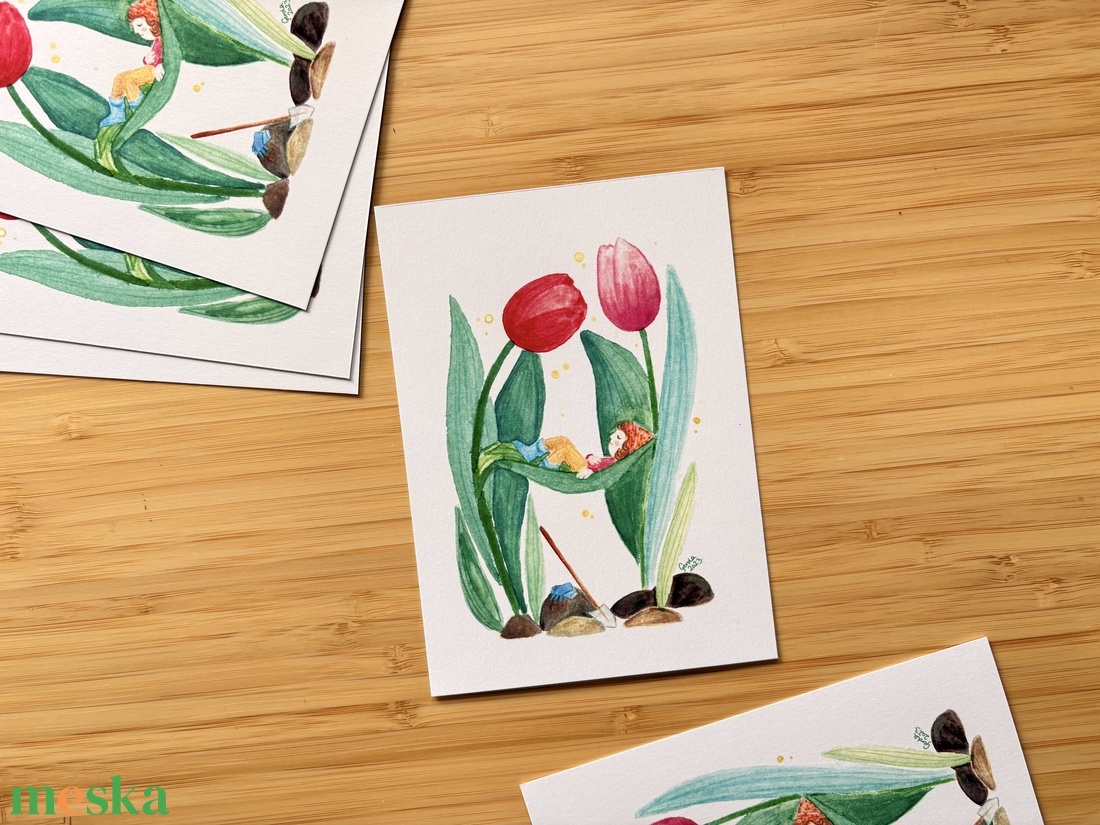 Tulipános manó - képeslap, print - otthon & életmód - papír, írószer - ajándékozás kellékei - képeslap, üdvözlőlap - Meska.hu