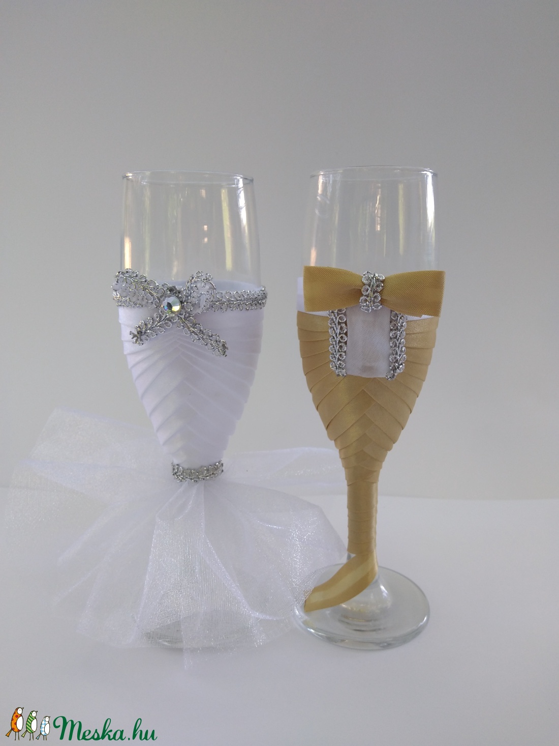 Pezsgős üveg és pohár szett drapp, fehér  -  - Meska.hu