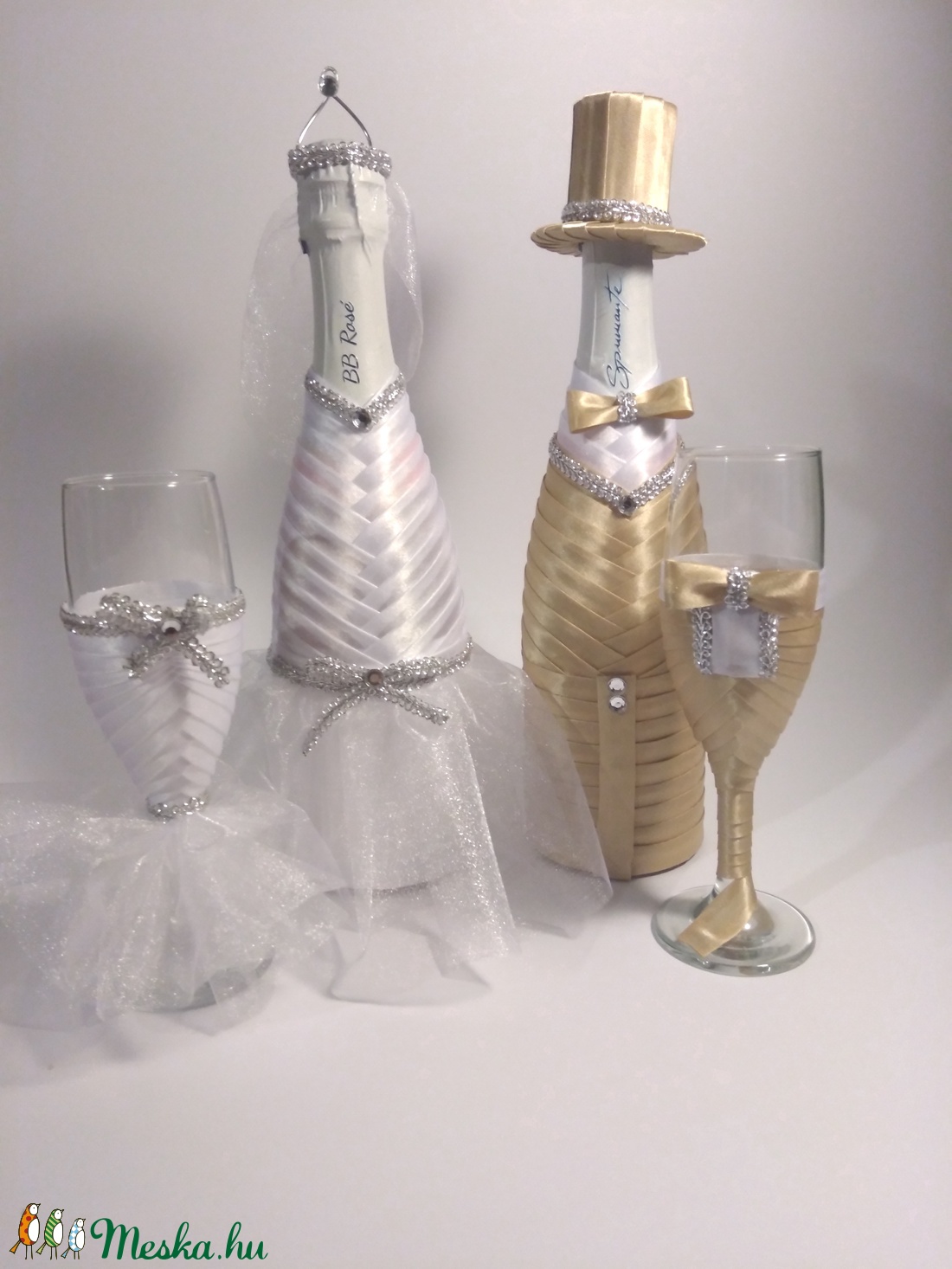 Pezsgős üveg és pohár szett drapp, fehér  -  - Meska.hu