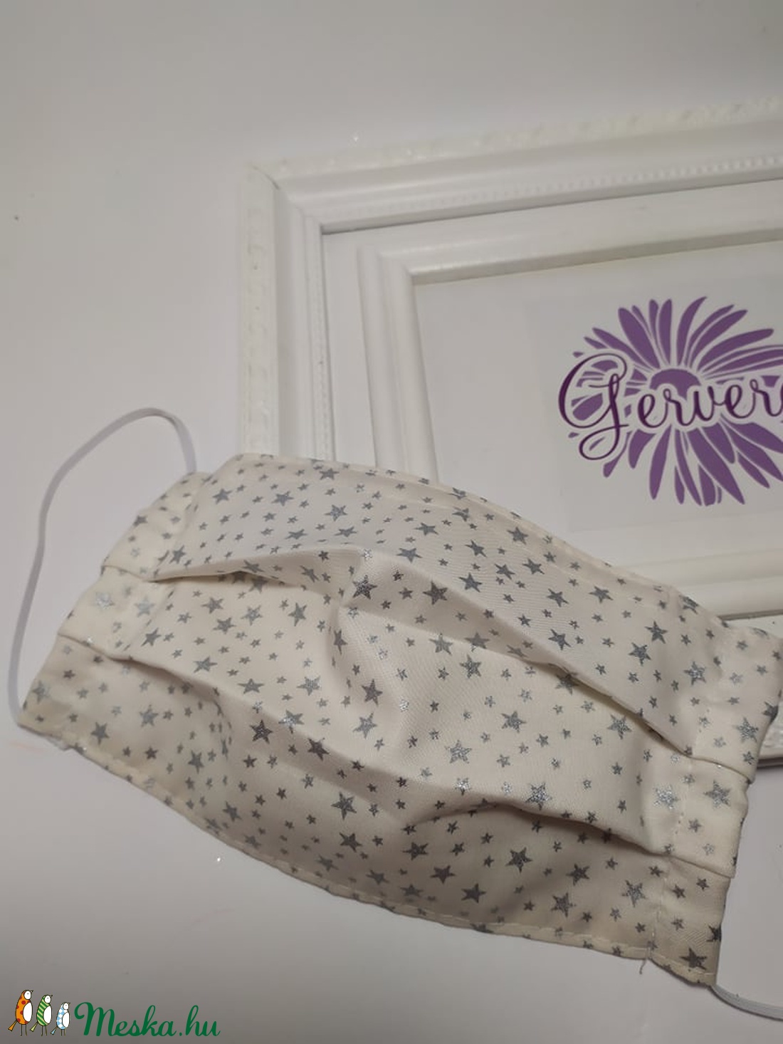 Textil maszk, kétrétegű karácsonyi ezüst csillagos -  - Meska.hu