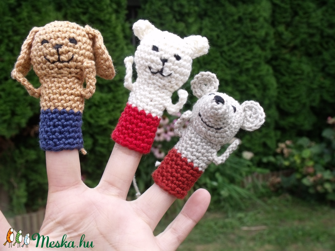 Ujjbáb készlet, barátok, kutya, cica, egér, horgolt - játék & sport - bábok - ujjbáb - Meska.hu