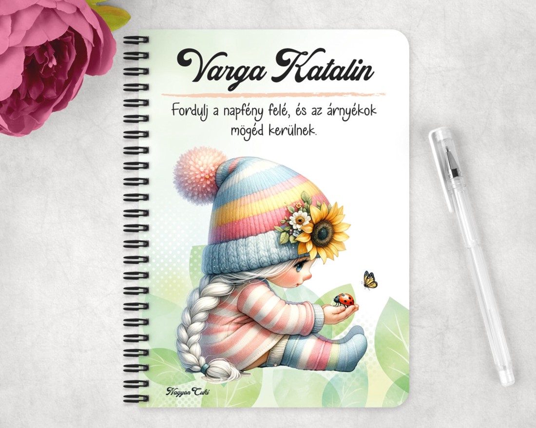 Személyre szabható - Katicás napraforgós manó lány mintás A5-ös füzet - otthon & életmód - papír, írószer - jegyzetfüzet & napló - Meska.hu
