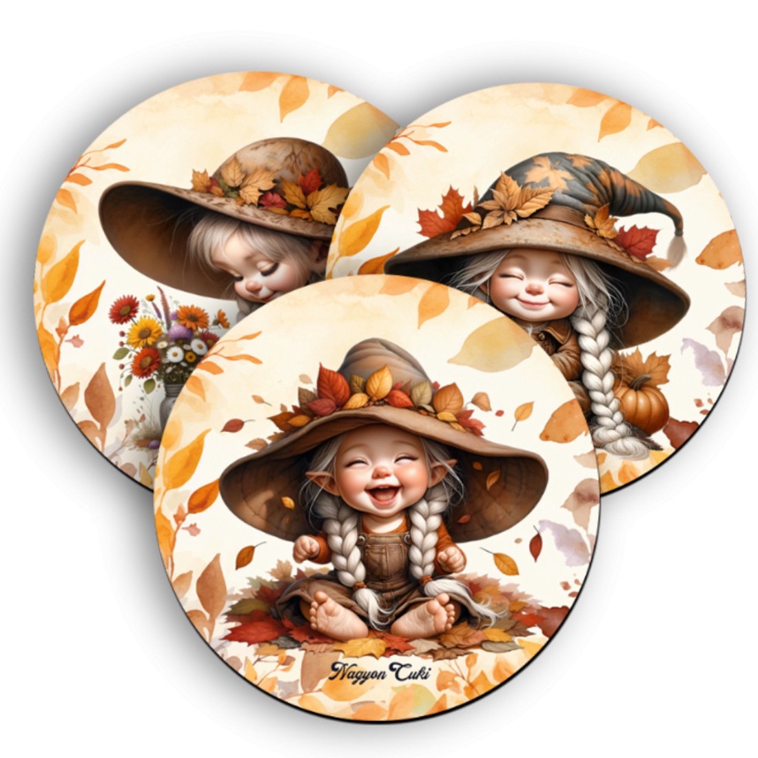 3 db cuki őszi manó lány kör alakú alátét szett (#87) -  - Meska.hu