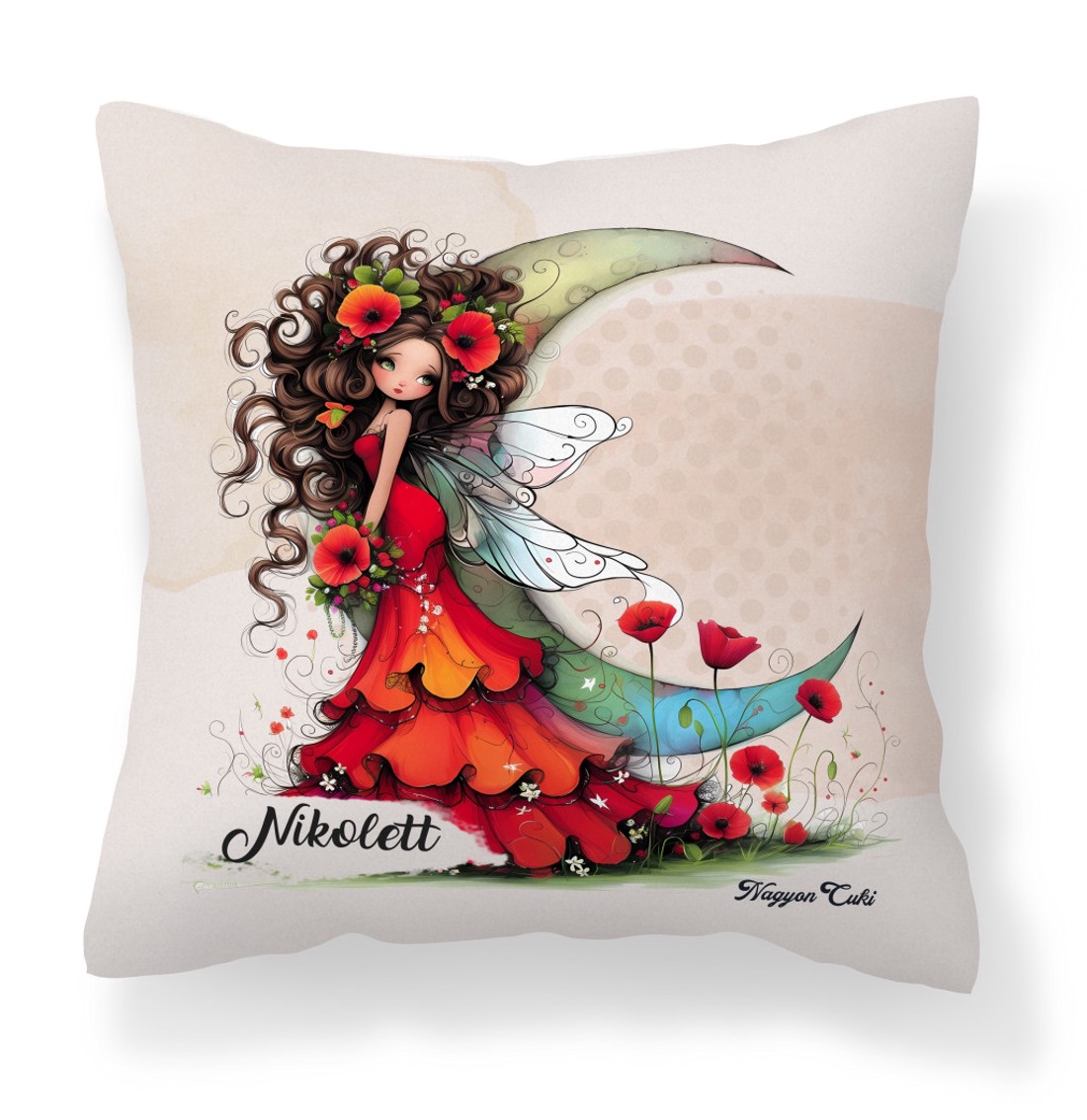 Névvel kérhető - Gyönyörű pipacs tündérlány és a hold mintás párna - otthon & életmód - lakástextil - párna & párnahuzat - díszpárna (belsővel együtt) - Meska.hu