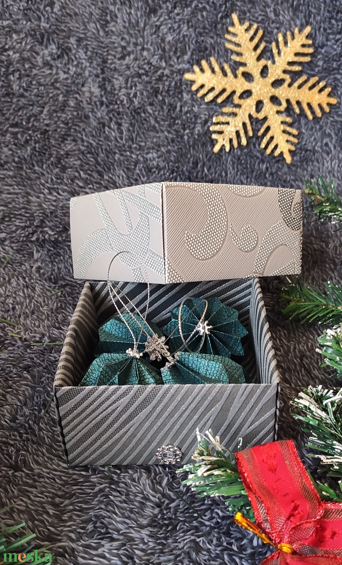 Különleges kékes zöld karácsonyfadísz szett díszdobozban (4 darabos) LNT01404 - karácsony - karácsonyi lakásdekoráció - karácsonyfadíszek - Meska.hu