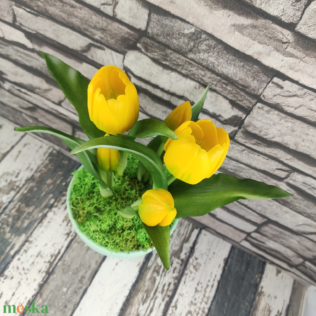 Élethű sárga tulipánok kaspóban TUE516SA - otthon & életmód - dekoráció - asztal és polc dekoráció - asztaldísz - Meska.hu