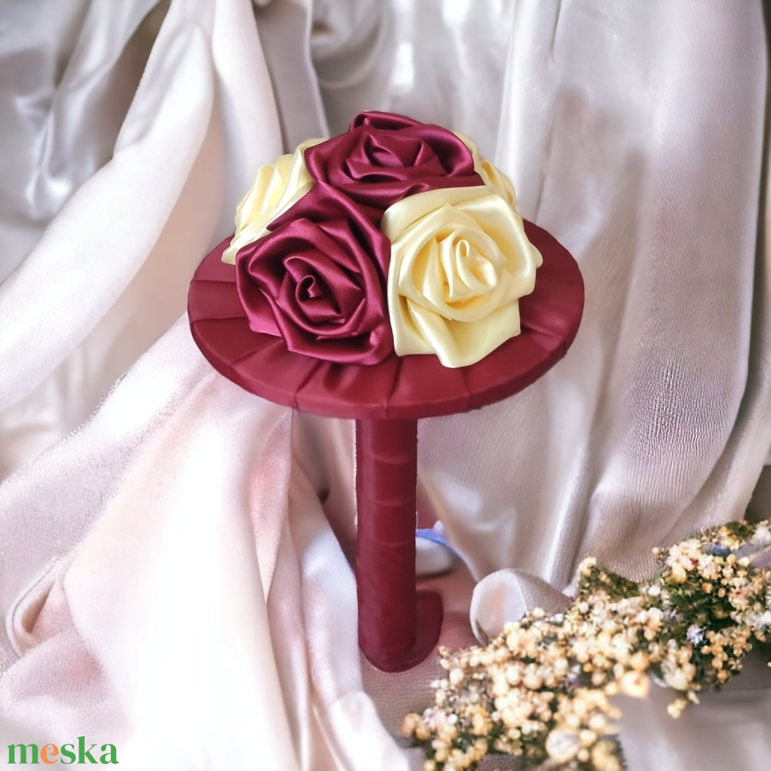 Bordó és krémszínű szaténrózsa csokor - esküvő - menyasszonyi- és dobócsokor - Meska.hu