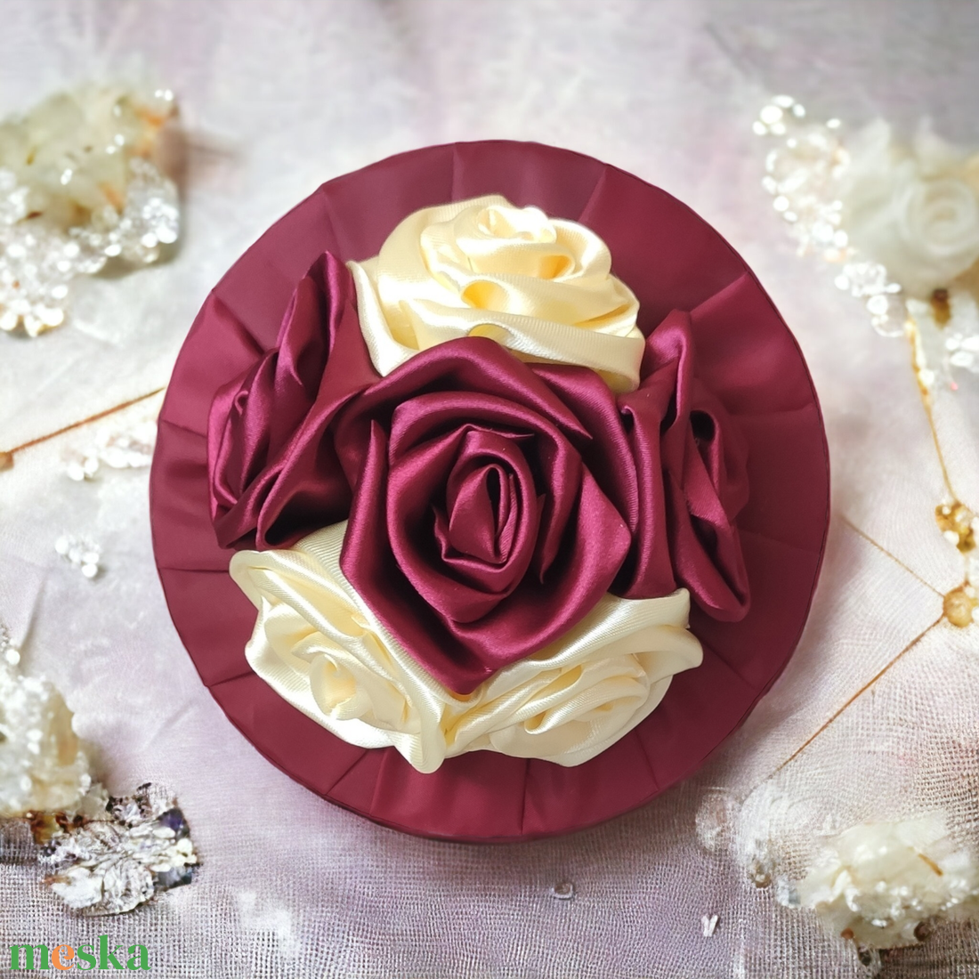 Bordó és krémszínű szaténrózsa csokor - esküvő - menyasszonyi- és dobócsokor - Meska.hu