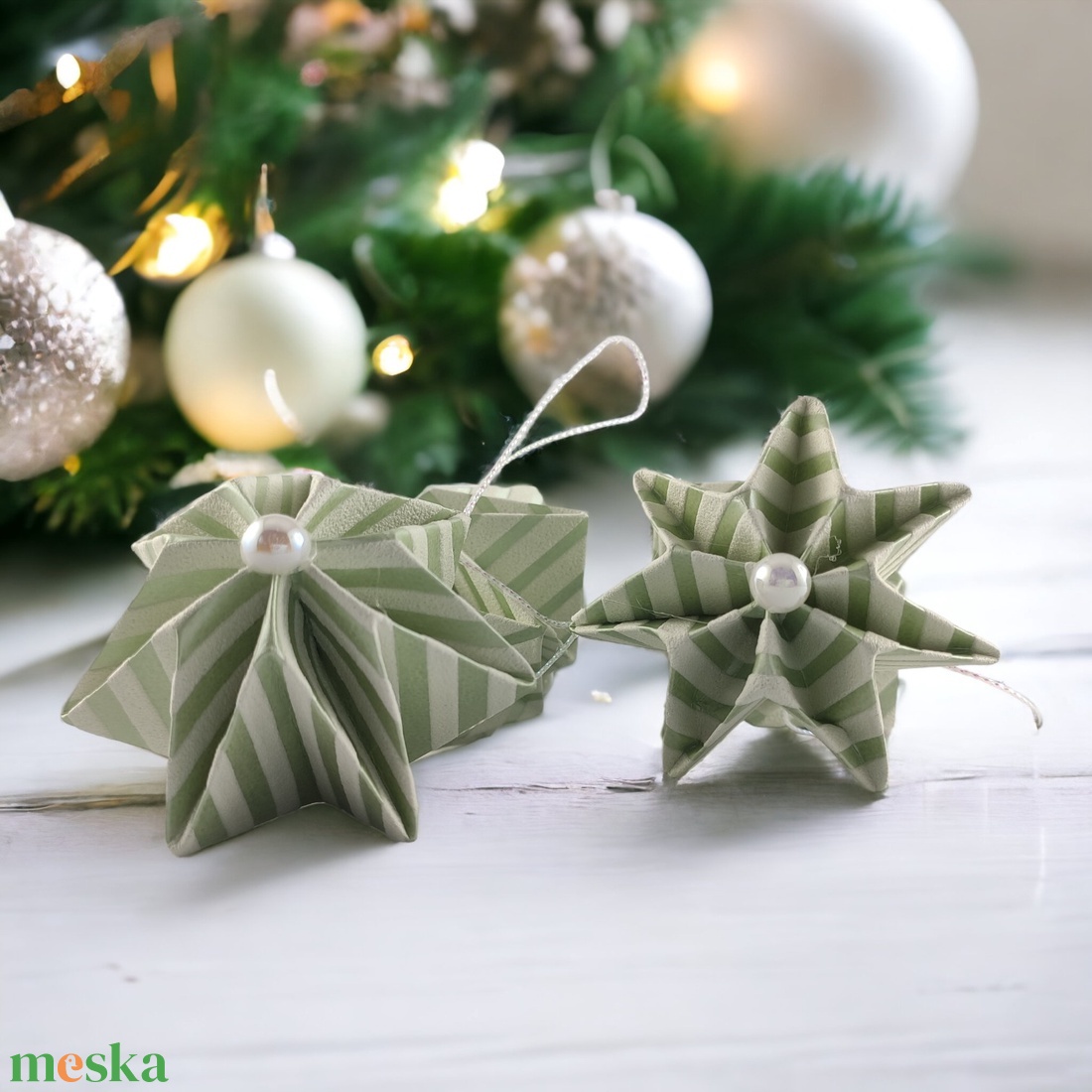 Olíva zöld, fehér csíkos csillag karácsonyfadísz szett 4 db-os 7CS04009FHZO - karácsony - karácsonyi lakásdekoráció - karácsonyfadíszek - Meska.hu