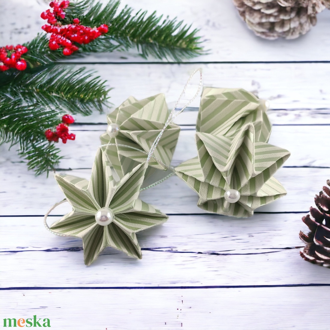 Olíva zöld, fehér csíkos csillag karácsonyfadísz szett 4 db-os 7CS04009FHZO - karácsony - karácsonyi lakásdekoráció - karácsonyfadíszek - Meska.hu