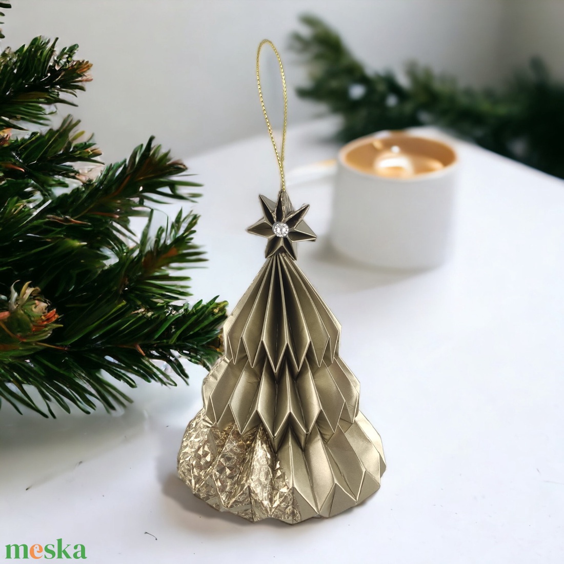 Pezsgő színű fenyőfa formájú karácsonyfadísz FF023 - karácsony - karácsonyi lakásdekoráció - karácsonyfadíszek - Meska.hu