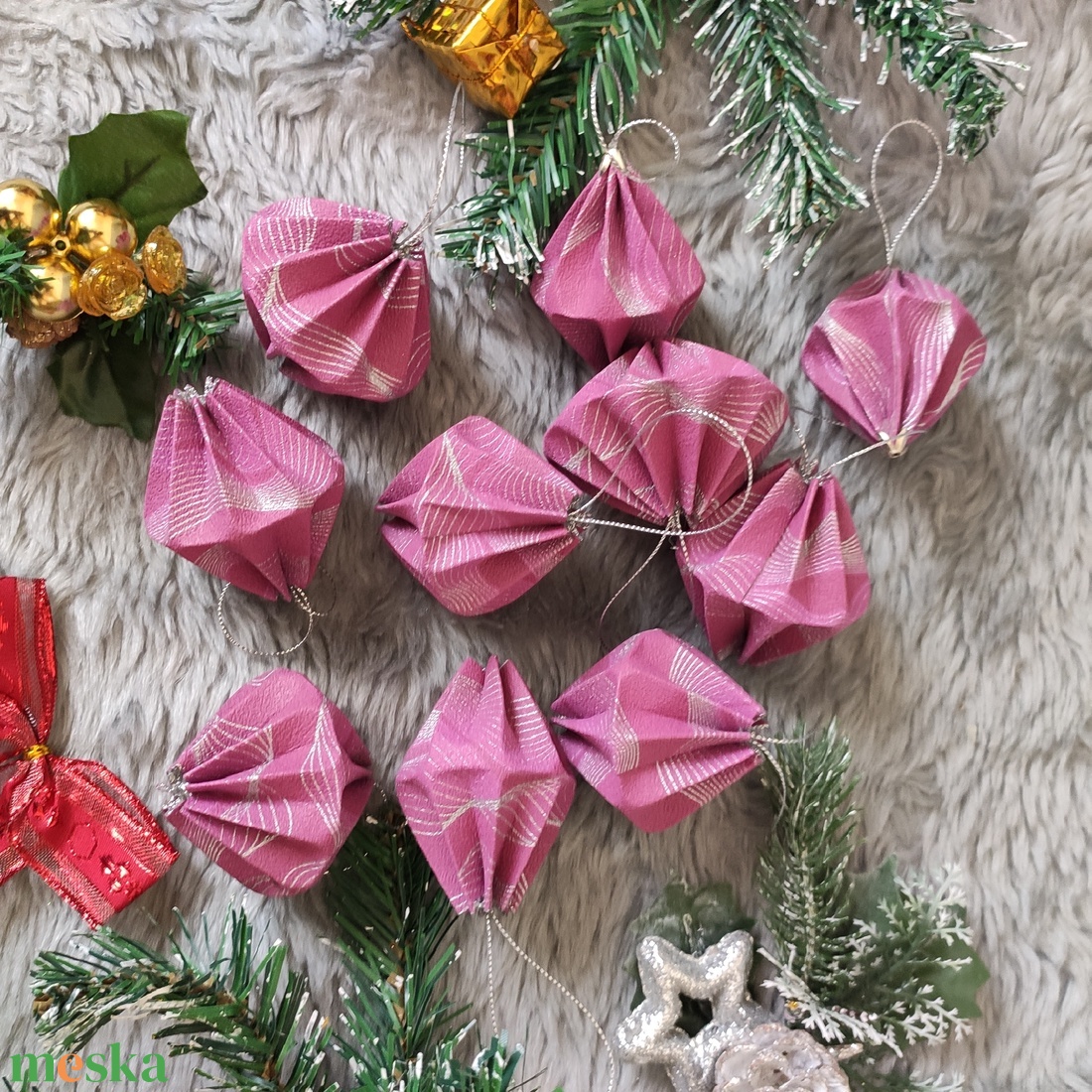 10 darabos magenta, ezüst mintás karácsonyfadísz szett LNTRS013 - karácsony - karácsonyi lakásdekoráció - karácsonyfadíszek - Meska.hu