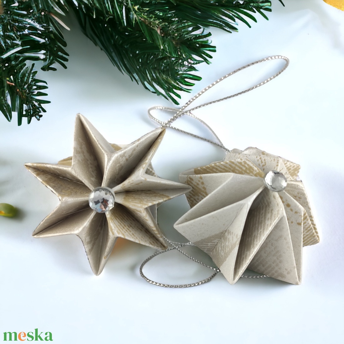 Beige, ezüstszürke mintás csillag karácsonyfadísz szett 4 db-os 7CS04016 - karácsony - karácsonyi lakásdekoráció - karácsonyfadíszek - Meska.hu