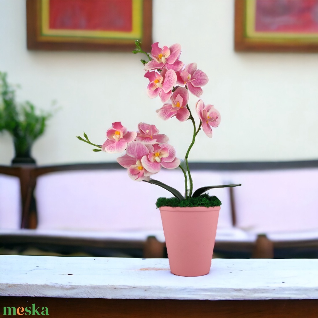 Pink cirmos színű kétágú élethű orchidea színes agyagkaspóban ORK218PK - otthon & életmód - dekoráció - virágdísz és tartó - csokor & virágdísz - Meska.hu