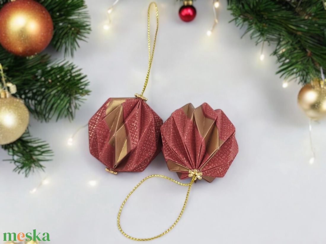 Origami karácsonyfadíszek bordó és arany színben  10 darabos kézzel készített szett LNTPS002 - karácsony - karácsonyi lakásdekoráció - karácsonyfadíszek - Meska.hu