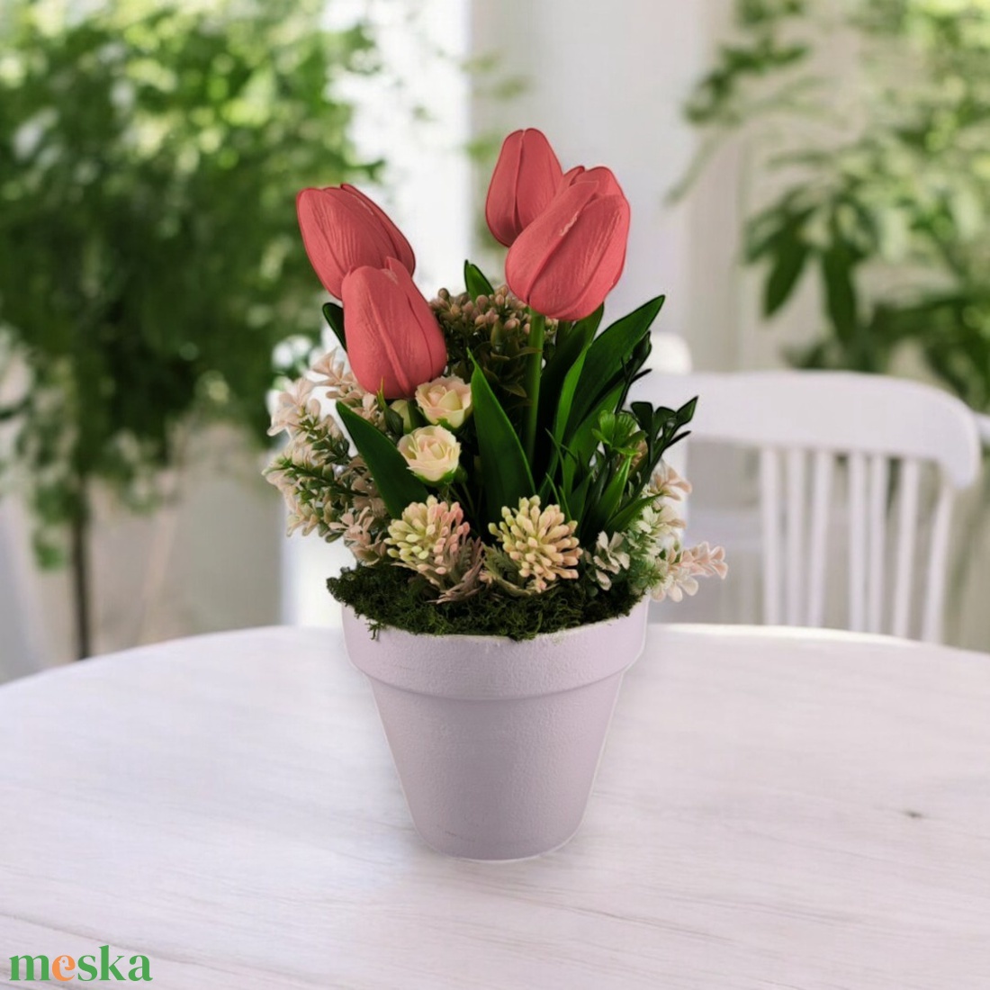 Piros tulipánok dús tavaszi virágágyon TUG563PS - otthon & életmód - dekoráció - virágdísz és tartó - csokor & virágdísz - Meska.hu