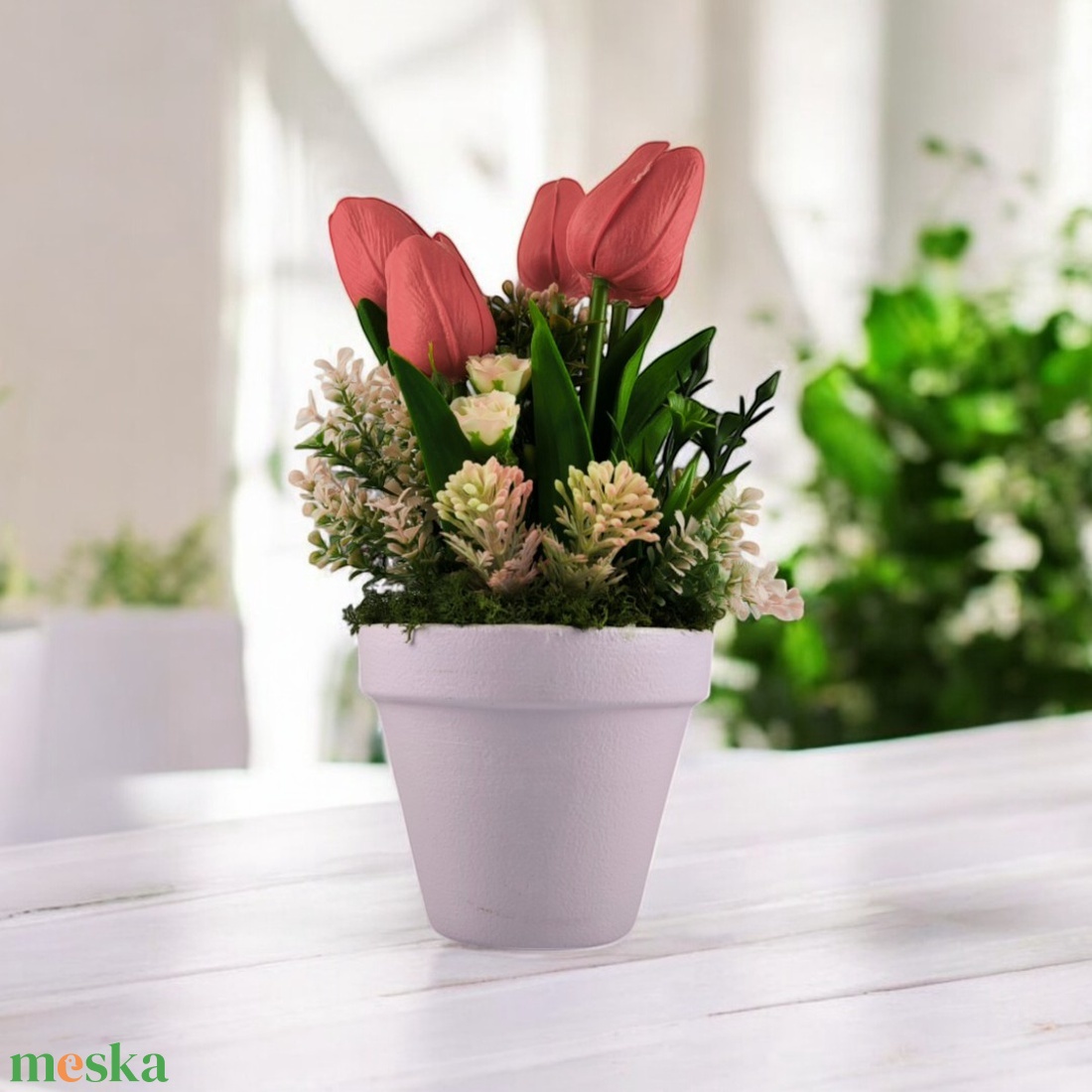 Piros tulipánok dús tavaszi virágágyon TUG563PS - otthon & életmód - dekoráció - virágdísz és tartó - csokor & virágdísz - Meska.hu