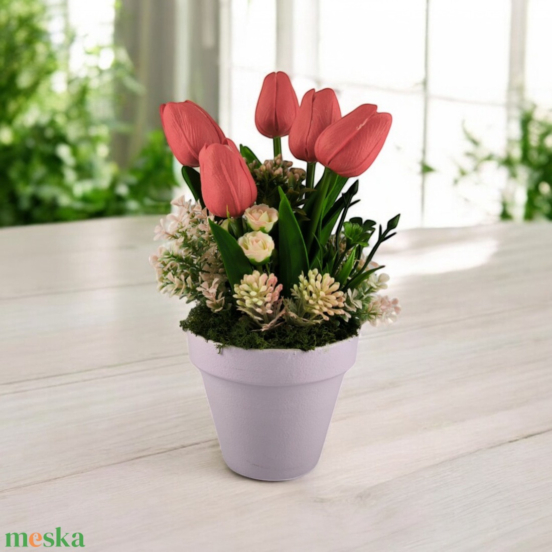 Piros tulipánok dús tavaszi virágágyon TUG563PS - otthon & életmód - dekoráció - virágdísz és tartó - csokor & virágdísz - Meska.hu