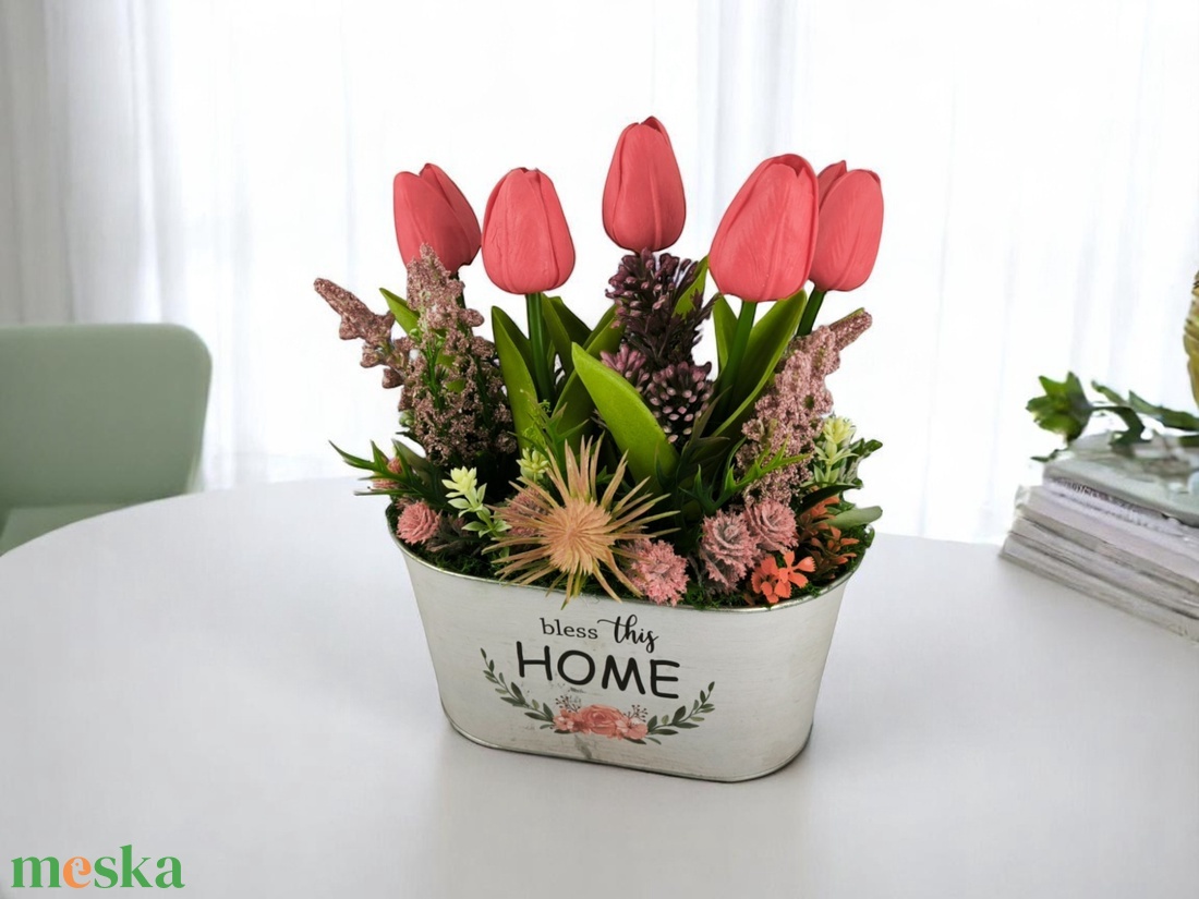 Tulipános Bless This Home Dekoráció Fémkaspóban TUGO501PS - otthon & életmód - dekoráció - virágdísz és tartó - csokor & virágdísz - Meska.hu