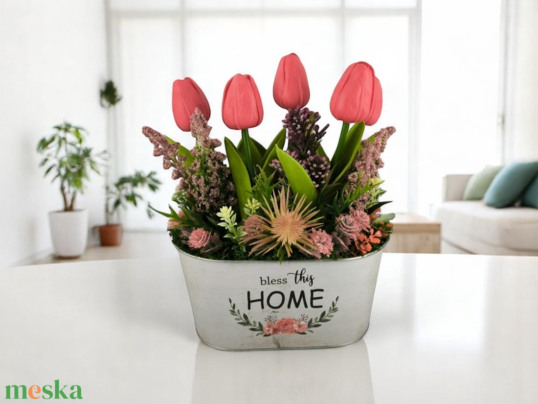 Tulipános Bless This Home Dekoráció Fémkaspóban TUGO501PS - otthon & életmód - dekoráció - virágdísz és tartó - csokor & virágdísz - Meska.hu