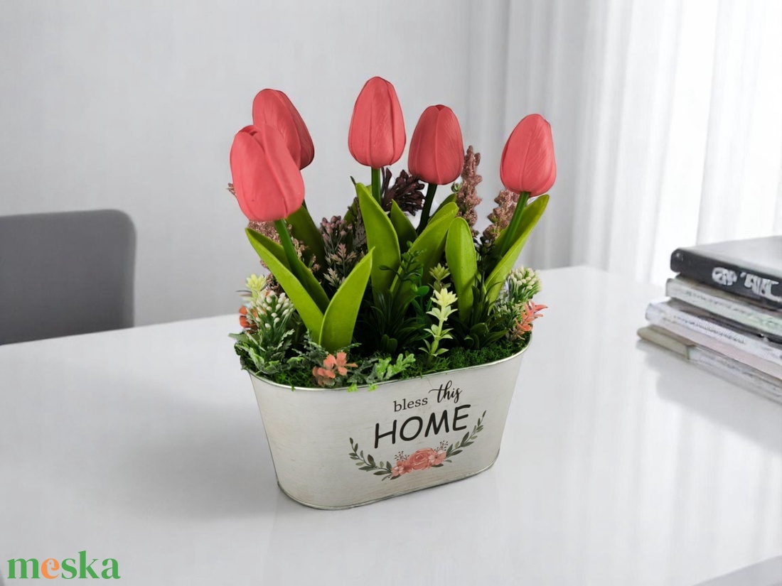 Tulipános Bless This Home Dekoráció Fémkaspóban TUGO501PS - otthon & életmód - dekoráció - virágdísz és tartó - csokor & virágdísz - Meska.hu