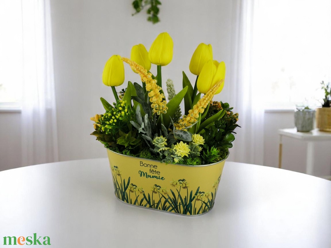 Sárga tulipános dekoráció fémkaspóban TUGO502SA - otthon & életmód - dekoráció - virágdísz és tartó - csokor & virágdísz - Meska.hu