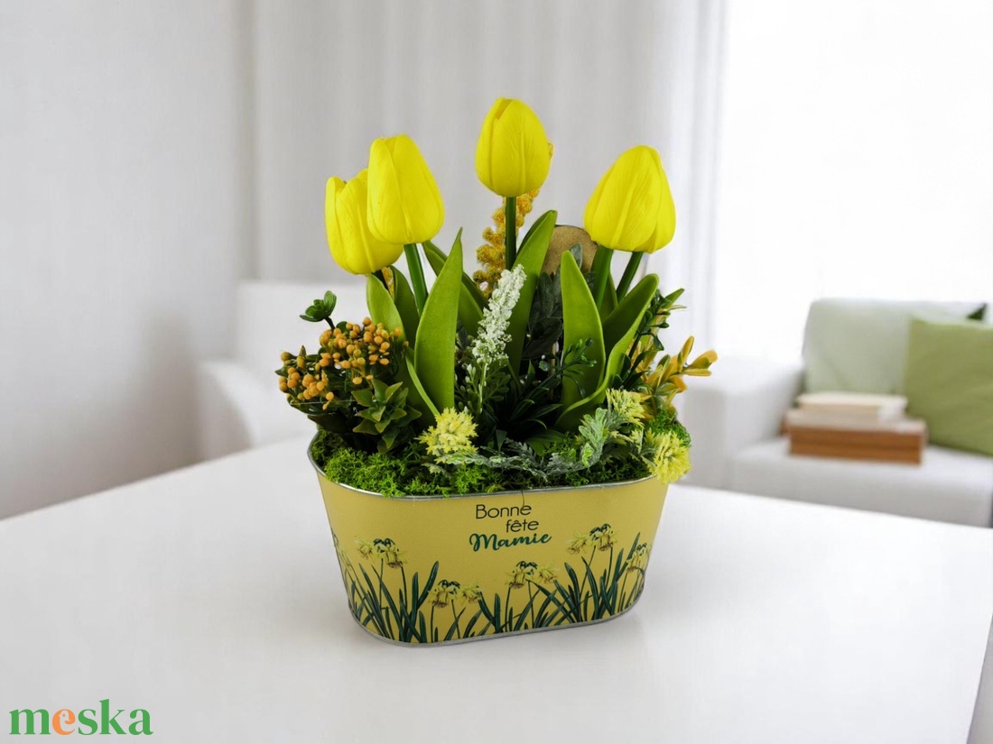 Sárga tulipános dekoráció fémkaspóban TUGO502SA - otthon & életmód - dekoráció - virágdísz és tartó - csokor & virágdísz - Meska.hu