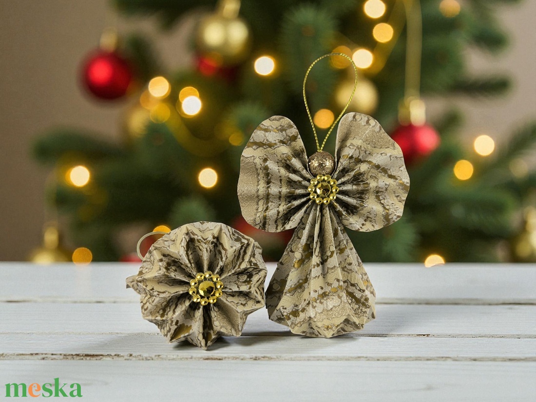 Ekrü, beige, arany mintás papírangyalka PANAR0107 - karácsony - karácsonyi lakásdekoráció - karácsonyfadíszek - Meska.hu