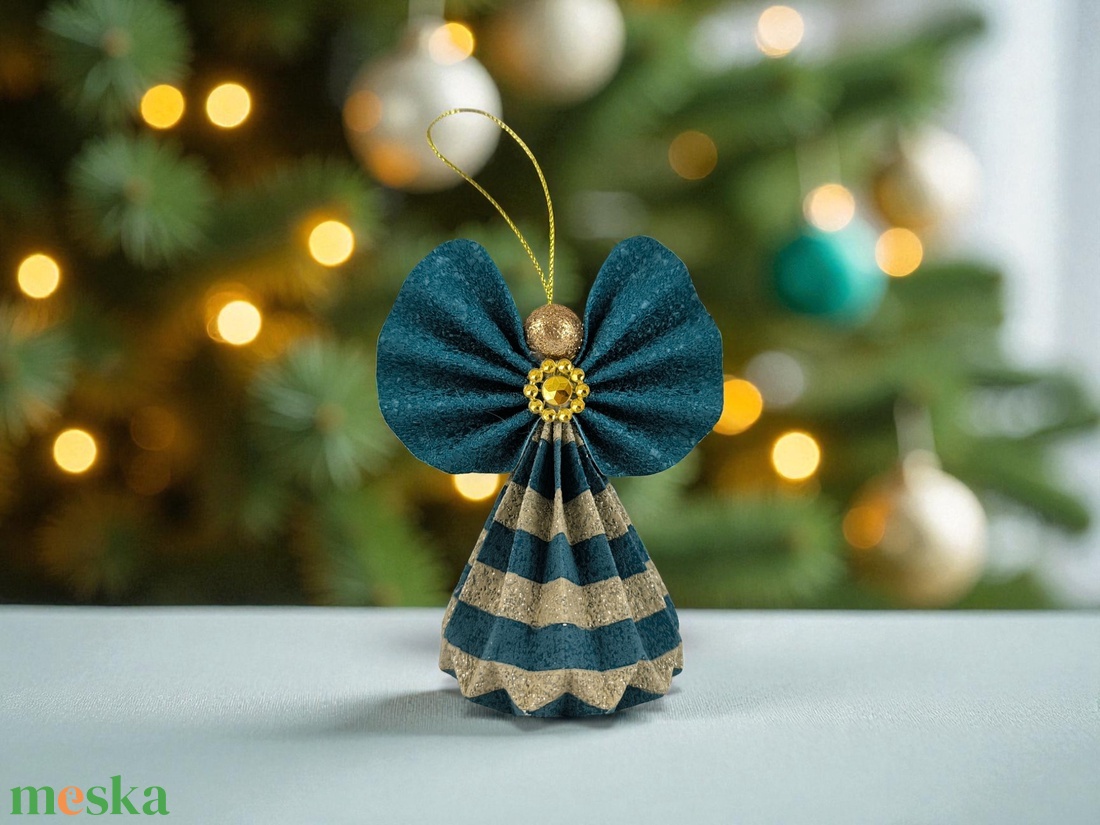 Türkiz, beige csillámos papírangyalka függődísz PANAR0113 - karácsony - karácsonyi lakásdekoráció - karácsonyfadíszek - Meska.hu