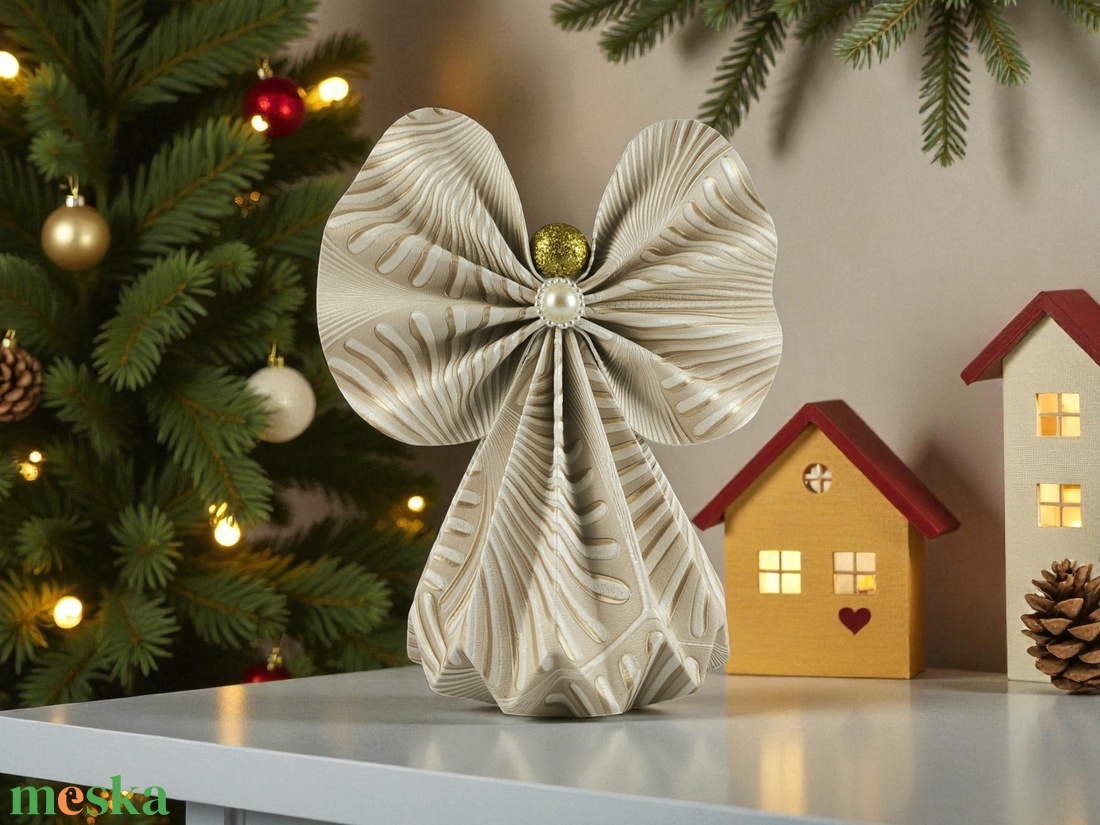 Óriás beige mintás papírangyalka polcdekoráció OPA55 - karácsony - karácsonyi lakásdekoráció - karácsonyi lakásdíszek - Meska.hu