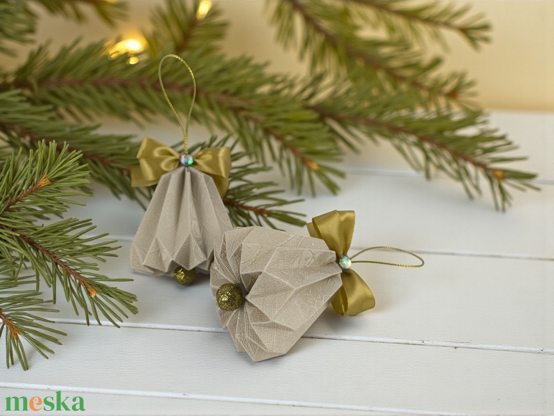 Csengettyű alakú ekrü, arany karácsonyfadísz szett BL214 - karácsony - karácsonyi lakásdekoráció - karácsonyfadíszek - Meska.hu