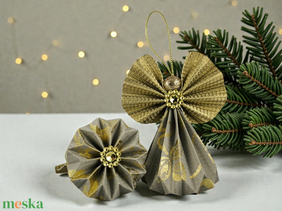 Szürkés beige, arany papírangyalka PANAR0116 - karácsony - karácsonyi lakásdekoráció - karácsonyfadíszek - Meska.hu